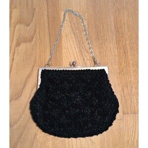 Vintage Mister Ernest Black Beaded Evening Bag Clutch Purse Gold Chain  50/60s